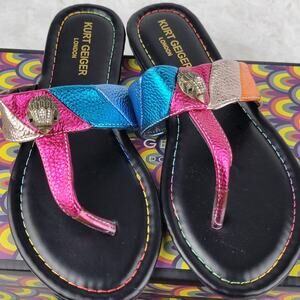 Women Sz 8 Thong Flat Sandals Designer Colorful Metallic Rainbow Slippers Slides